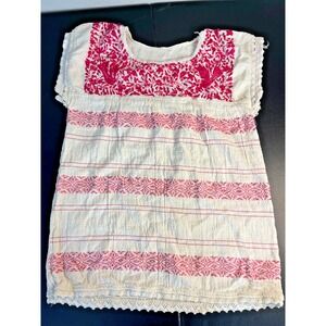 Handmade Woven Mexican Colorful Textured Pink Cream Tunic Blouse Embroidered